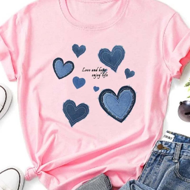 Women Cowboy Heart Print T-Shirt for Valentine's Day Gifts Fashion Crew Neck Short Sleeve T-Shirt Casual Women's Clothing