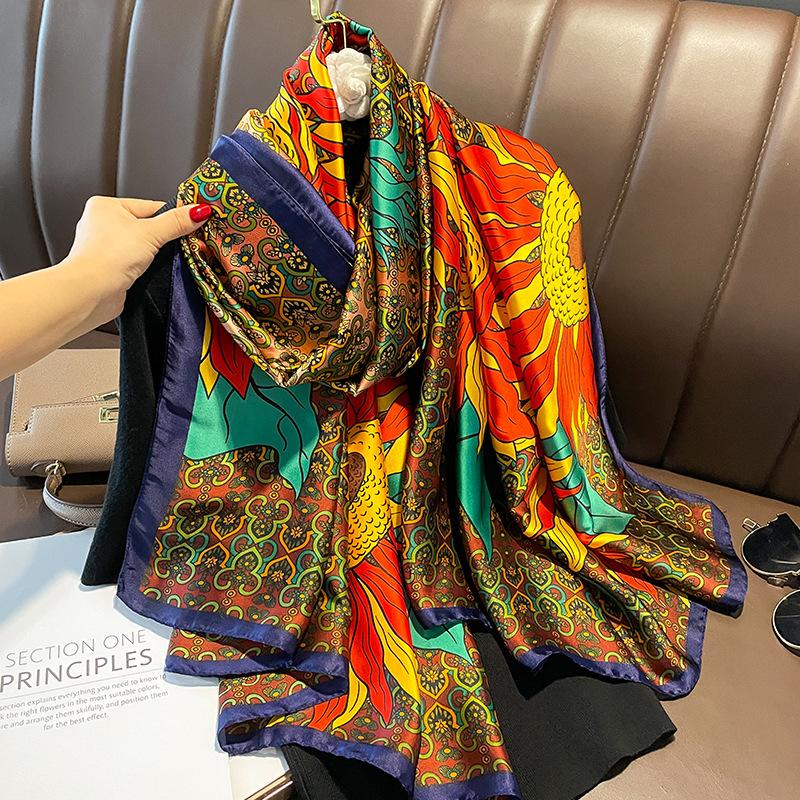 Spain Fashion Brand Women Silk Scarf Luxury Floral Stain Pashmina Shawls and Wraps Foulard Femme Bufandas Beach Hijab 180*90Cm