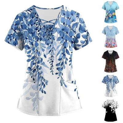 Women's Printing Short Sleeve V-neck Tops Working Pocket Blouse