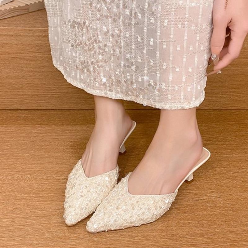 Sequined Head Stilto Slippers Women's Summer Outerwear 2025 New Fashion Fairy Style Dress Sexy Pointed High-heeled Slippers