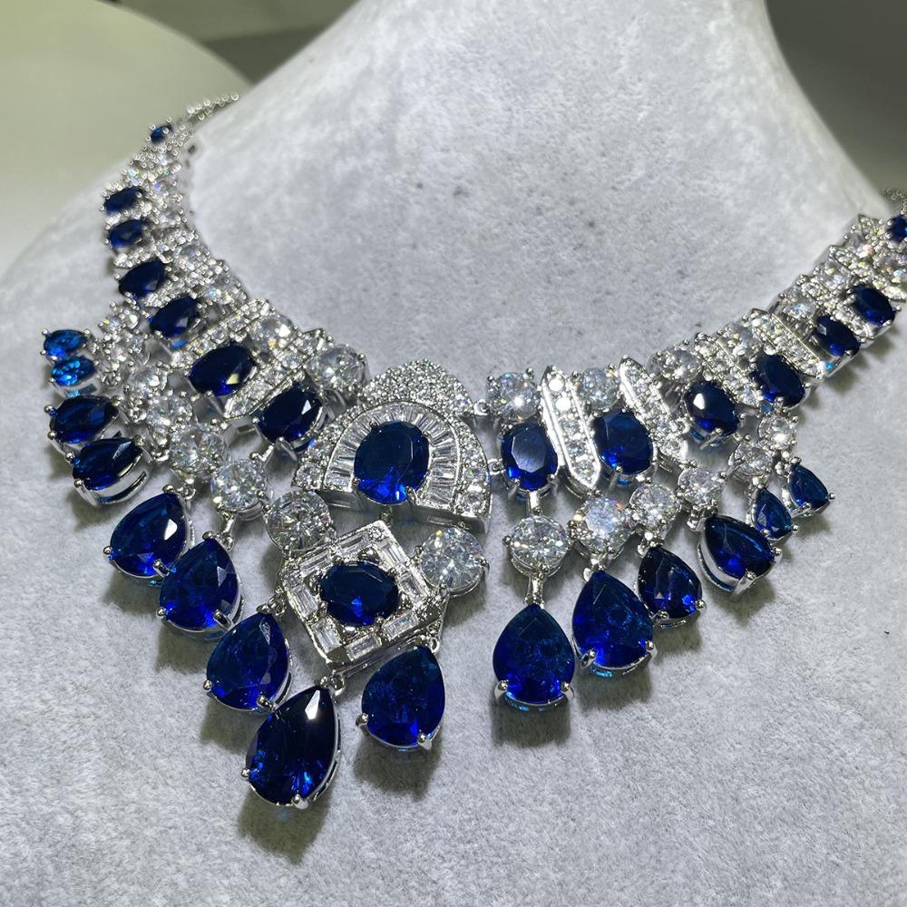 Royal Blue Sapphire Necklace Wedding Party Pink Diamond Set Light Luxury Yellow Diamond Jewelry for Women