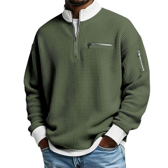 Men Waffle Sweatshirt Quarter Zip Stand Collar Casual Pullover Color Block Long Sleeve Top for Office Street Gym Wear