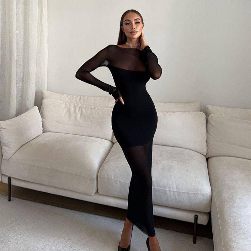 Fashion Elegant Sexy See-through Mesh Patchwork Dress Fashionable Slim-Fit Sheath Long Sleeves Black Primer Dress