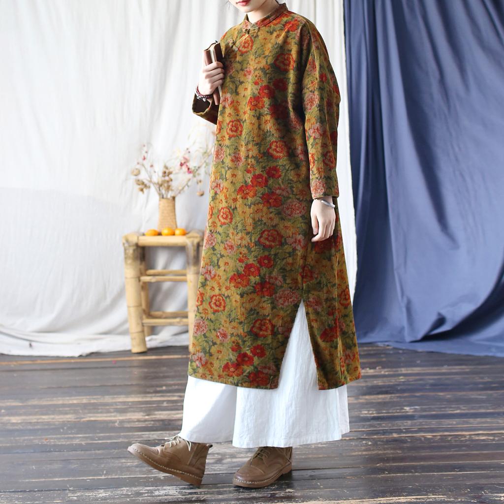 Johnature Women Vintage Dresses Stand Print Floral Long Sleeve Spring Chinese Style A-Line Dress