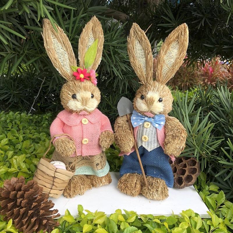 35cm Easter Straw Rabbit Woven Bunny Easter Decoration Sculpture Yard Party Home Easter Ornament Statuette Decoration