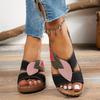 Pair Of Womens Fashionable A Leafpatterned Slippers Opentoe Fake Flat Heeled Slipon Shoes Hand Washable With Fake Liners And Insoles