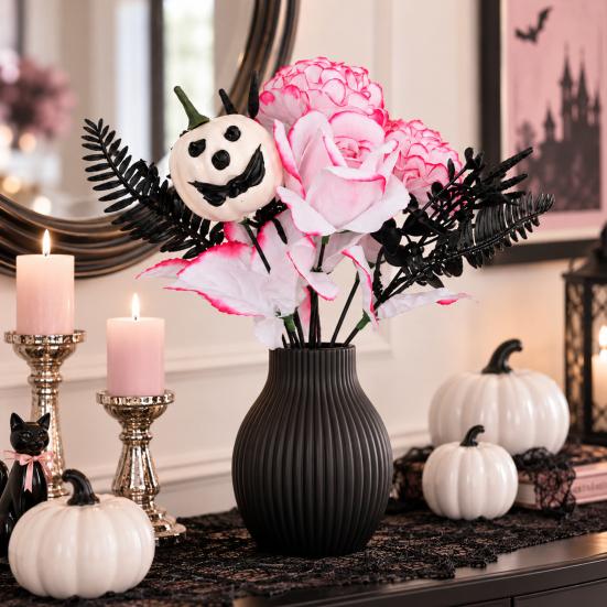 Decorative Silk Flowers for Showcases Halloween Artificial Flower Bouquet, Eucalyptus Floral Stems with Pumpkin Skull, Fake Reusable Dark Theme Party