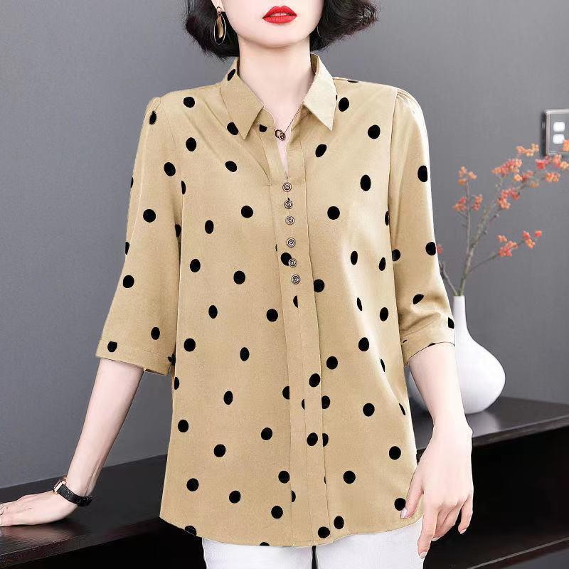 Women's Spring Autumn Thin Section Four Season Collection Plus Size Polka Dot Shirt Lapel Button Section Medium Sleeved Sunscreen Blouse