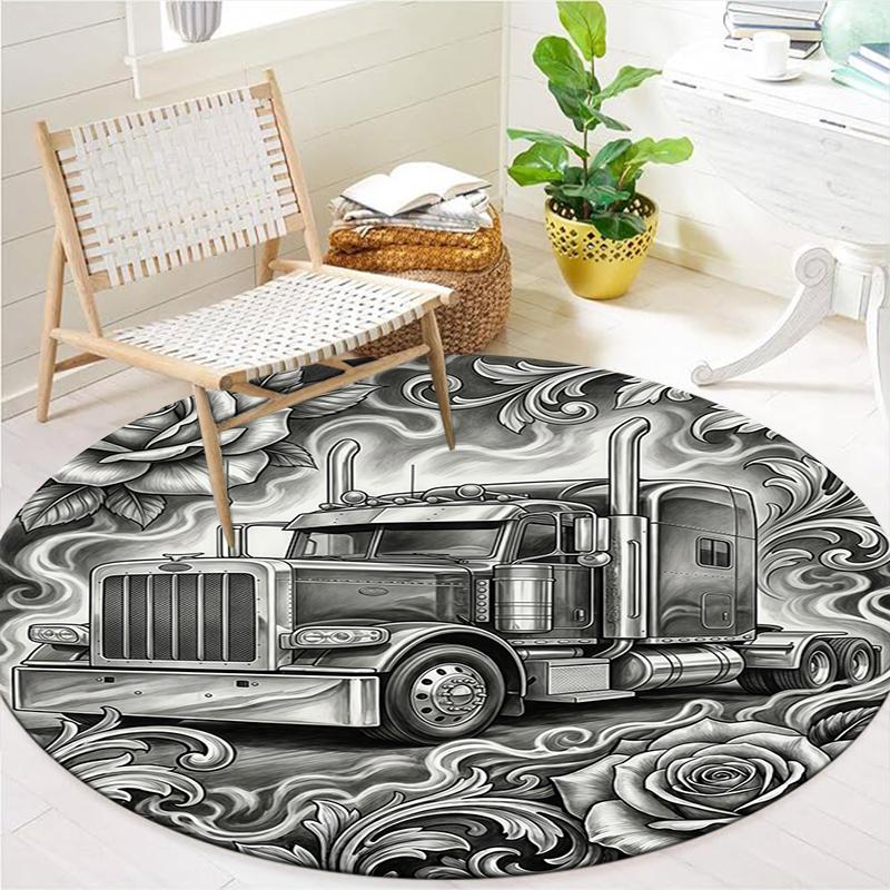 Sketch Truck Whale Poseidon Skeleton Round Area Rug,Carpet Rug for Living Room Bedroom Sofa Playroom Decor,Non-slip Floor Mat