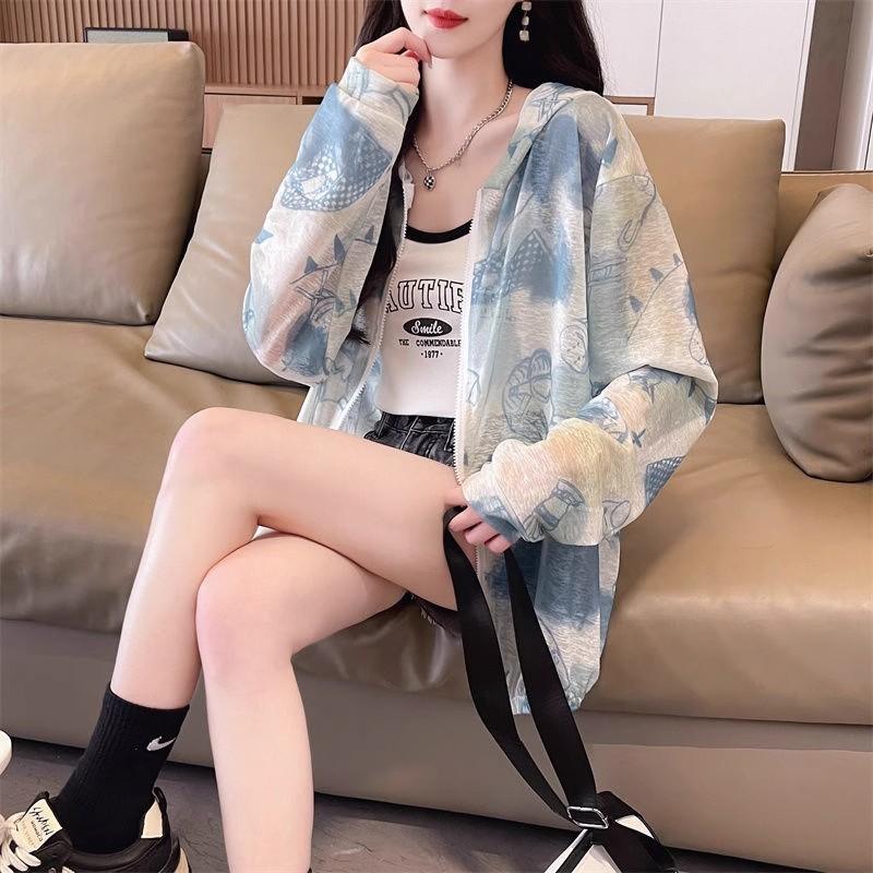 Women's Summer Ice Silk Sun Protection Jacket Thin Breathable Hooded UV Protection Coat Casual Air Conditioner Cardigan Outerwear