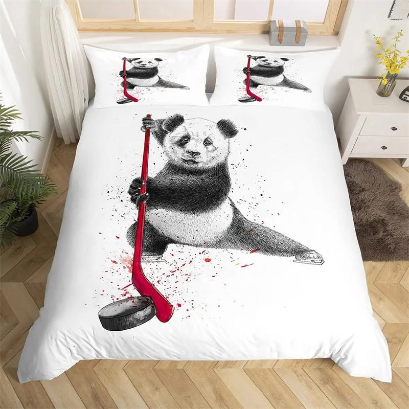 Ice Hockey Duvet Cover Black Polyester Bedding Set for Boys Winter Sports Game Quilt Cover Hockey Player Theme