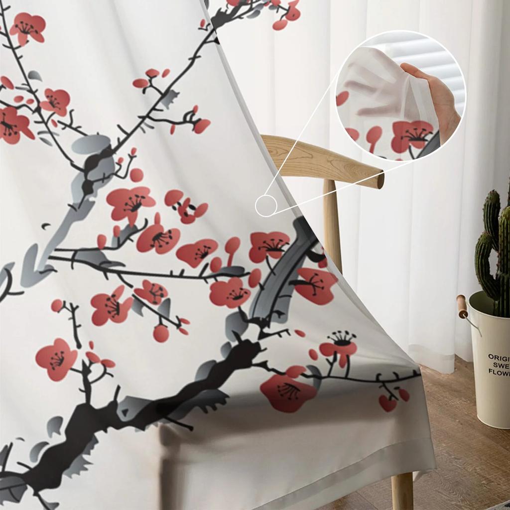 Plum Blossom Branch Bird Ink Painting Modern Tulle Curtains For Living Room Bedroom Home Kitchen Window Sheer Curtains
