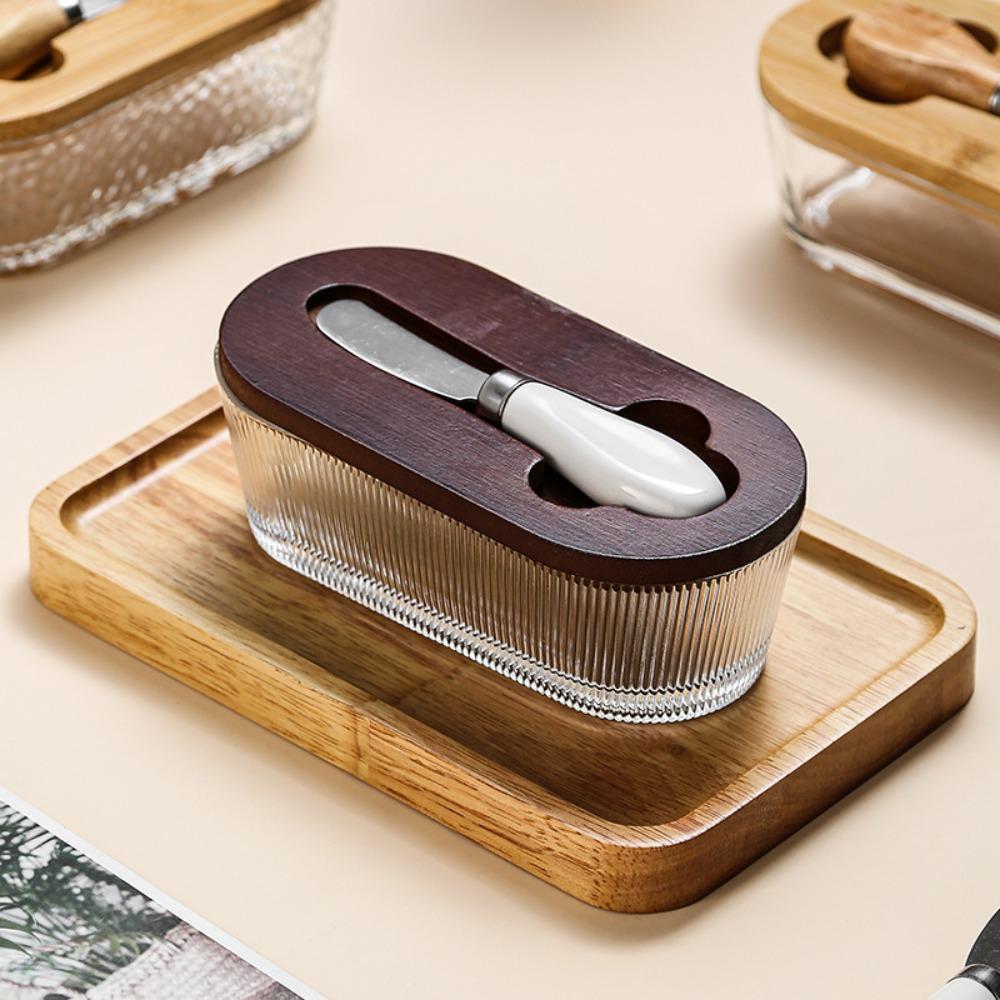 Transparent Glass Butter Box Oval Shape Butter Plate Cheese Storage Jar Butter Dish Baking