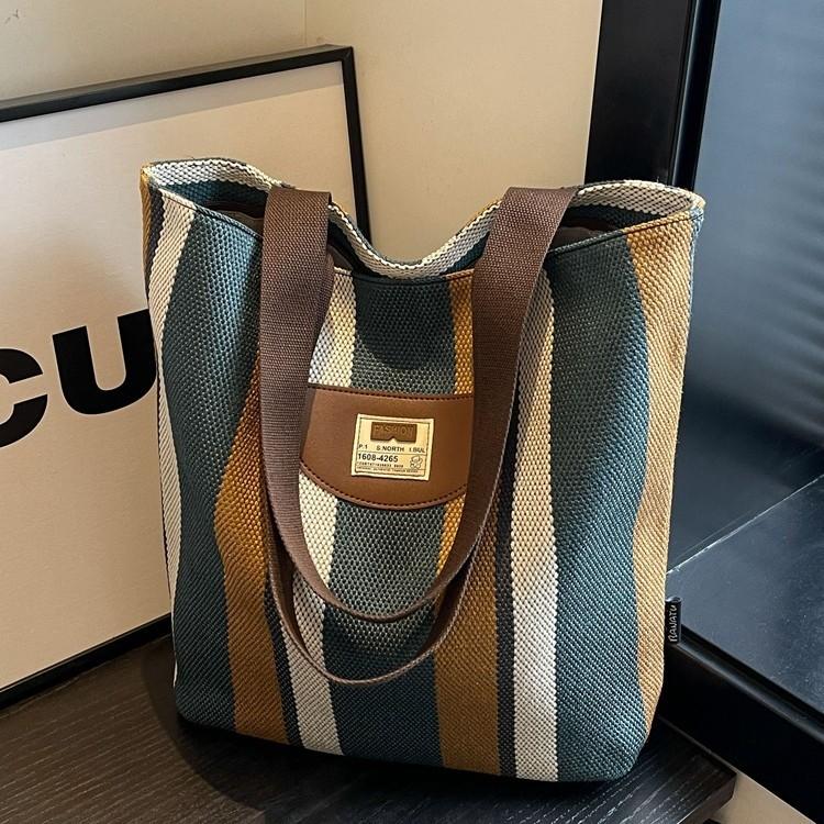 Striped Canvas Bag Women's New Summer Casual Lightweight Shoulder Bag Large Capacity Tote Bag Shopping Bag