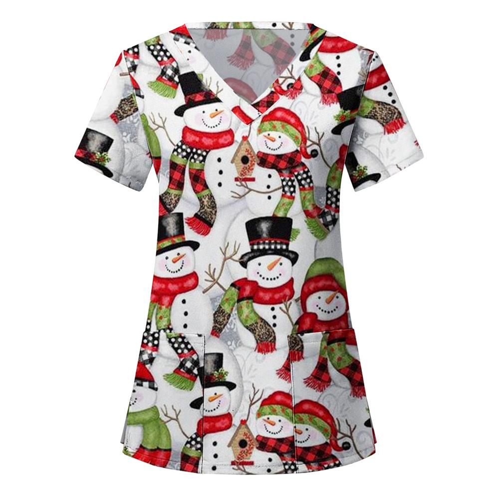 Chirurgische Uniformen Feiertage Weihnachten Drucke Stil Taschendesign Chirurgisches Kostüm Frau V-Ausschnitt Kurzarm Krankenschwester Medizinische Uniform