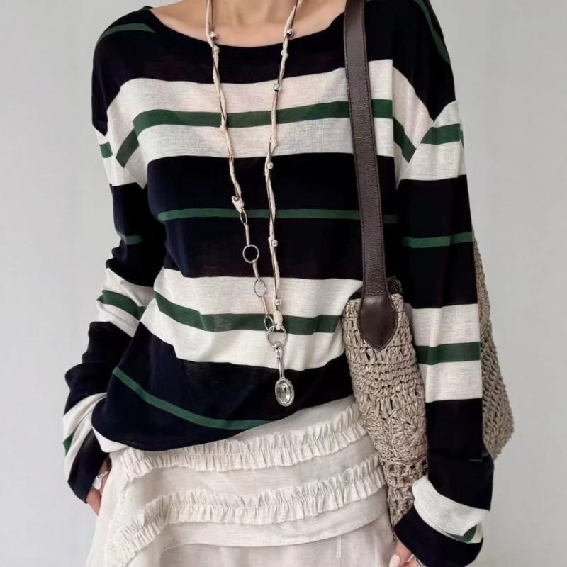 RARAMA 2026 Striped T-Shirt Lyocell Tencel Wool Blend One-Shoulder Convertible Vintage Style Sun Protection Cover-Up