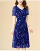 New casual style temperament short-sleeved floral V-neck dress women's summer large size mother dress over the knee A word medium and long dress
