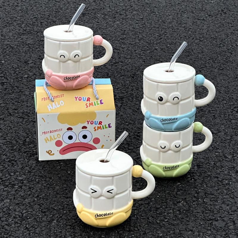 High-value Cartoon Straw Cup Cute Ceramic Mug with Lid for Girls' Girlfriend's Birthday Gift Souvenir