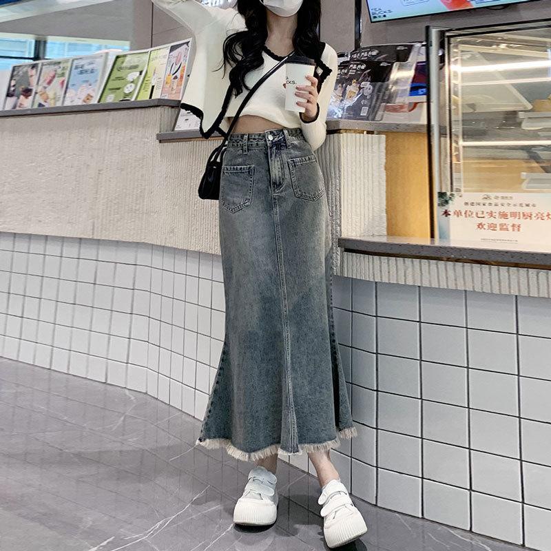 Elegant Vintage Women Raw Edge Mid-Length Skirt High Waist Slim A-line Fishtail Package Hip Summer Versatile Comfortable Fashion Denim Bustier Skirt