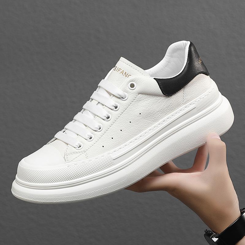 Men Genuine Leather Casual Shoes White Flat Skate Platform Shoes Street Cool Thick-soled Sneaker