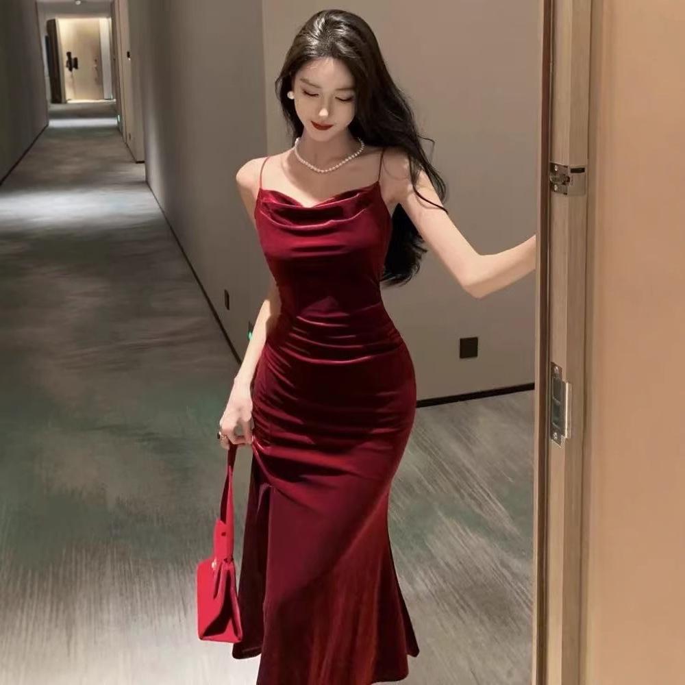 Elegantní francouzské zlaté sametové šaty s rybím ocasem - Sexy, přiléhavé, dámské podzimní/zimní večerní šaty s rozparkem