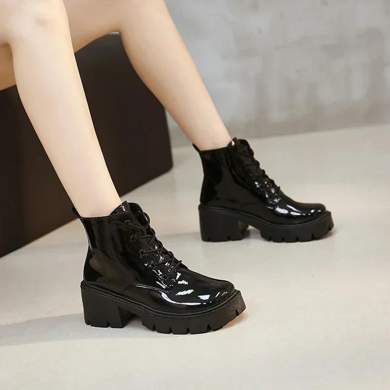 Women's Shoes 2024 High Quality Lace Up Women's Boots Autumn Winter Round Toe Solid Short Barrel Chunky Heels Fashion Boots