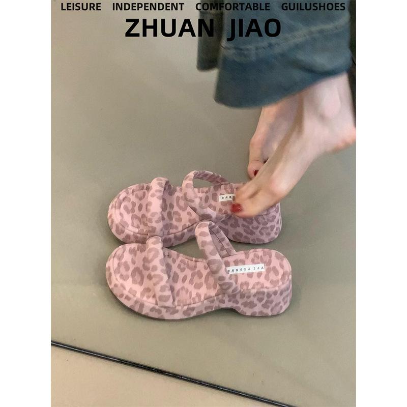 

Korean version of fashion niche pink leopard print sandals women s word with soft sole slope heel cool slippers thick sole heightening Roman shoes 35