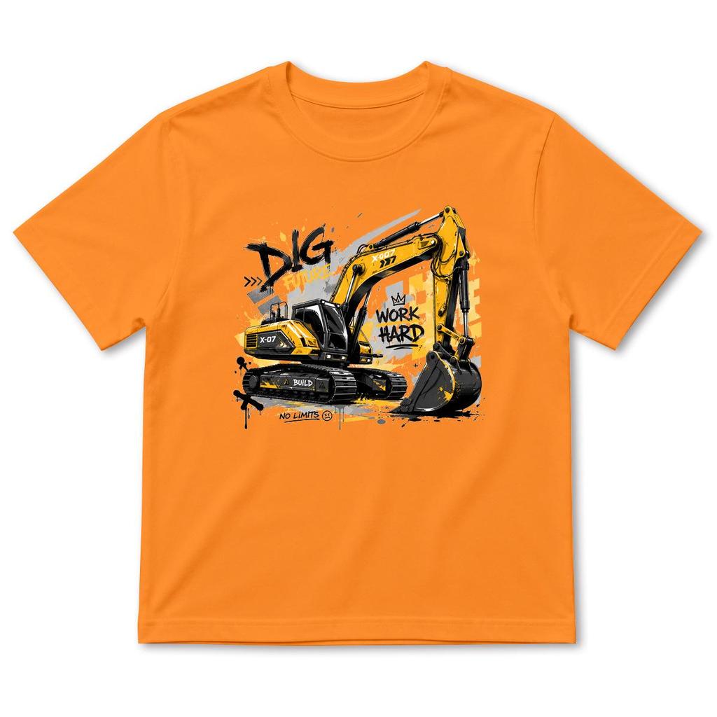 Summer Boys' Cartoon Excavator Cotton T-Shirt, Short Sleeve, Breathable Casual Layer