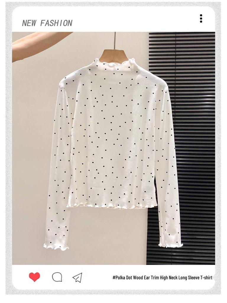 Women's Polka Dot Ruffle T-Shirt: Warm Long Sleeve, Half-High Collar Base Layer for Autumn/Winter
