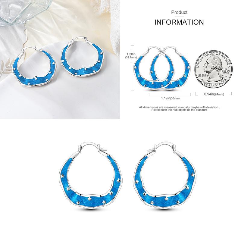 Sparkling Blue Zircon Hoop Earrings Pave U Shape Star Devil Eyes Circle S925 Drop Earring Fit Original Party Jewelry