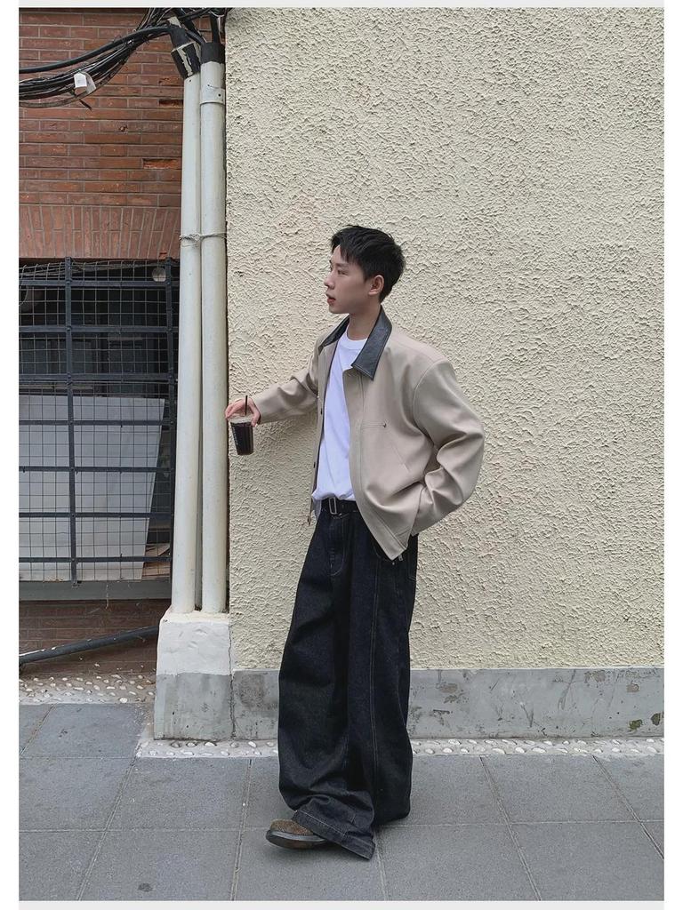 Korean Style Men's Contrast Lapel Leather Jacket - Autumn Short, Loose Fit with Padded Shoulders