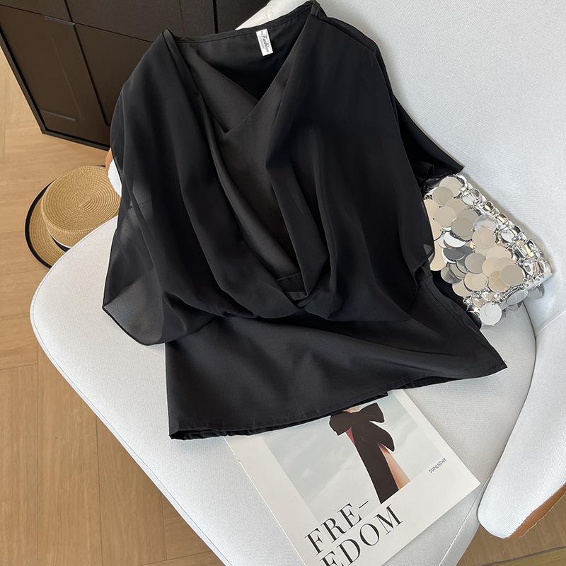 

Temperament chiffon shirt women s short-sleeved clothes 2025 new summer top with wide-leg pants bat shirt to cover the stomach summer XXXL [Recommended 138-75kg] чёрный