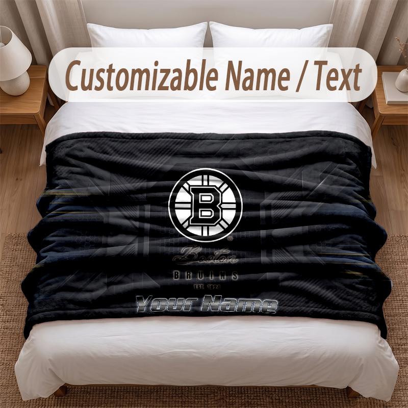 Boston Bruins Printed Flannel Blanket Custom Name Text Soft Warm Throw For Bedroom Holiday Gift