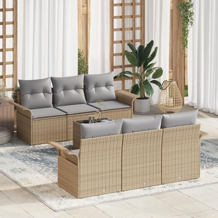 VidaXL Ensemble de Canapés de Jardin 7 pièces avec Coussins Beige Poly Rattan 3345250
