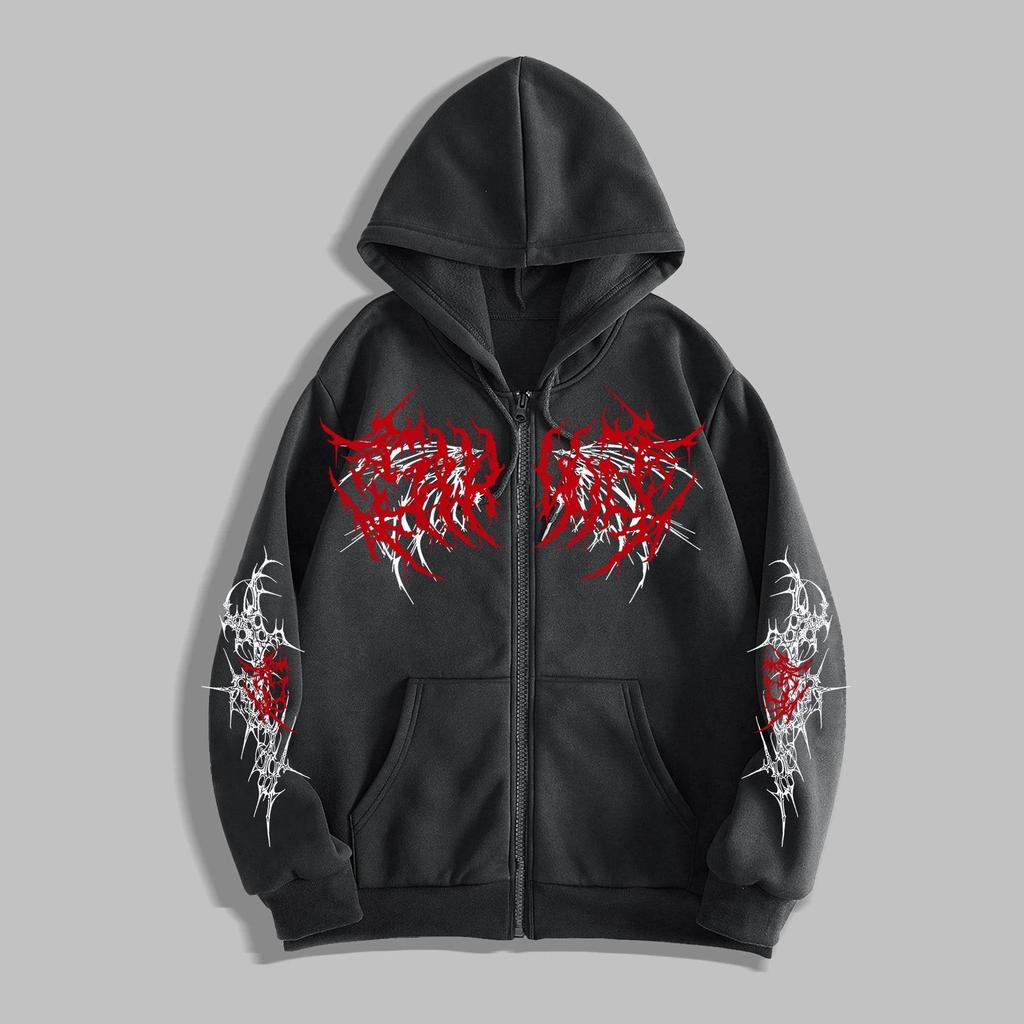 Y2K Mens Zipper Hoodies Retro Punk Digital Printed Casual Hoodies Gothic Couple Hooded Sweatshirt Hip Hop Hoody Streetwear