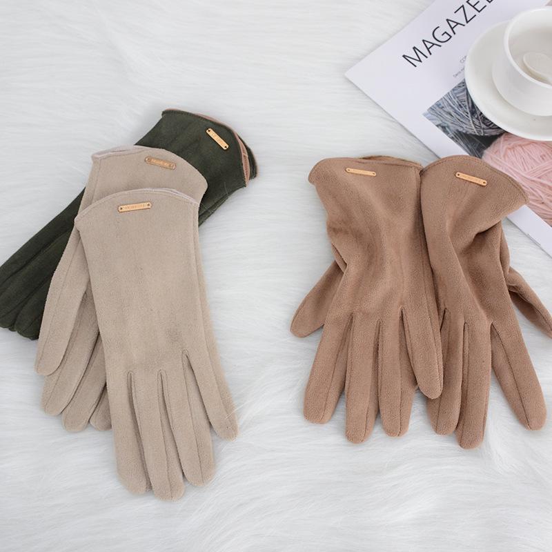 

Women s Winter Suede Gloves with Velvet Lining - Warm, Cold-Proof, Korean Style, Touch Screen Friendly for Cycling and Driving. One Size хаки