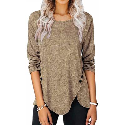 Women's T-shirt Crew-neck Long-sleeved Solid Color Irregular Button-down Top