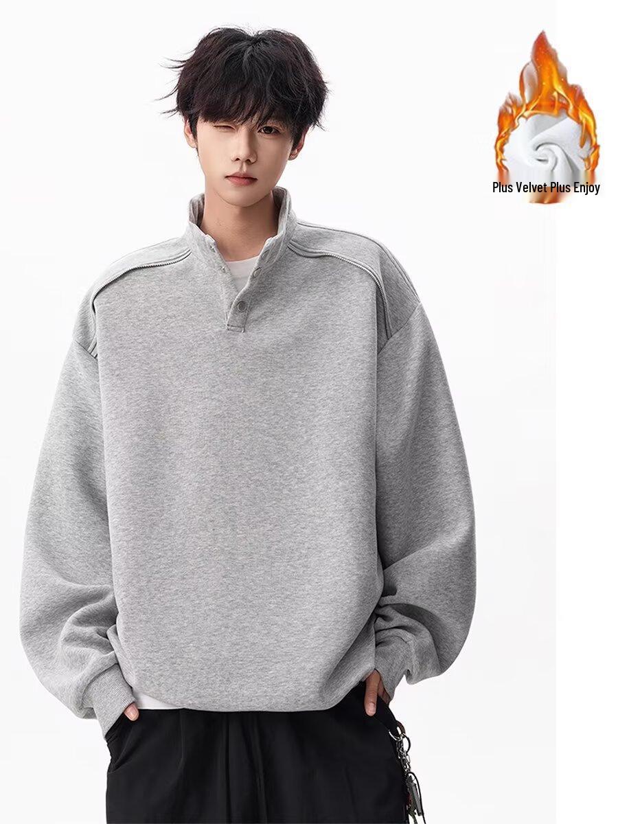 Men s Autumn Trendy Half-Zip Stand Collar Velvet Hoodie Large