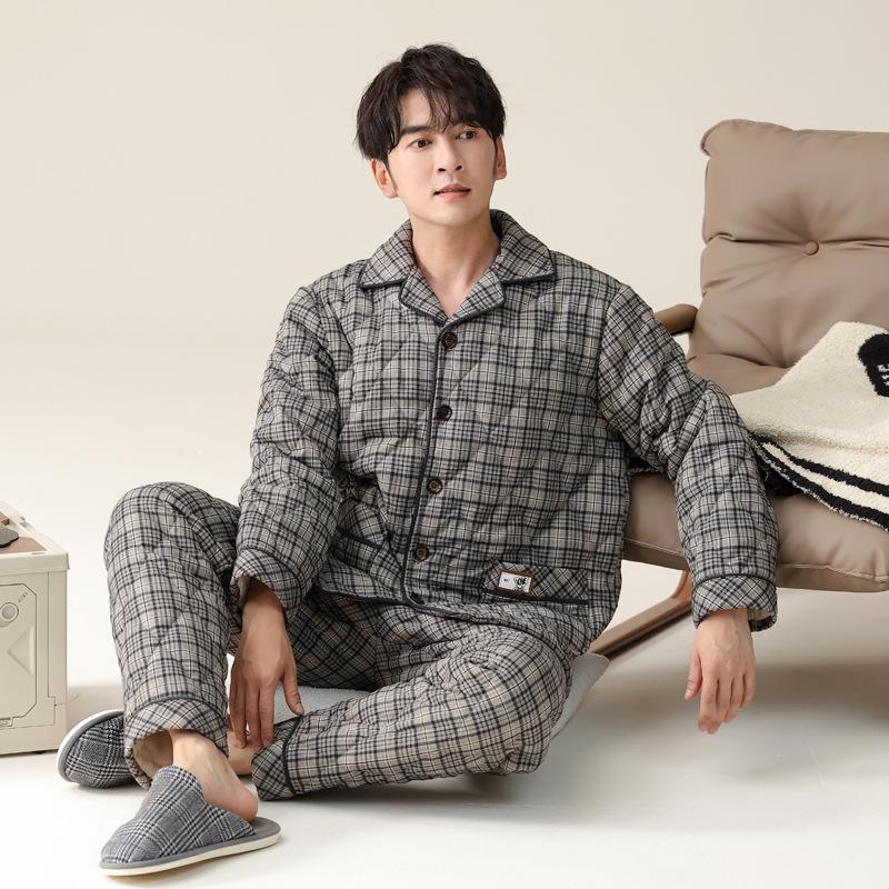 

Pajamas Men S Winter Three-Layer Thickened Padded Jacket Autumn And Winter Pure Cotton Warm And Fleece Coral Fleece Loungewear Set 3XL