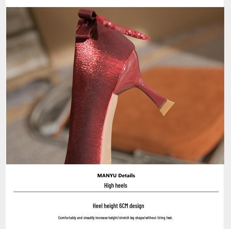 Women's High Heel Bow Shoes - Wine Red/Black (Autumn/Winter Collection)