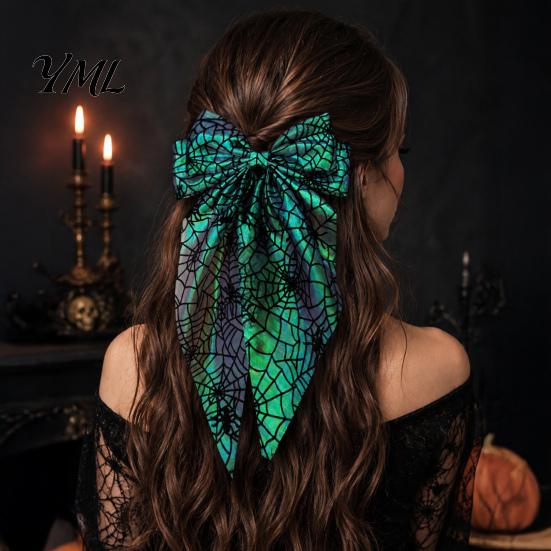 Holiday Themed Hair Accessories for Women Halloween Bow Clip Girls, Spider Web Barrettes Chic Satin Bows with Streamers Clips, Large Bowknot