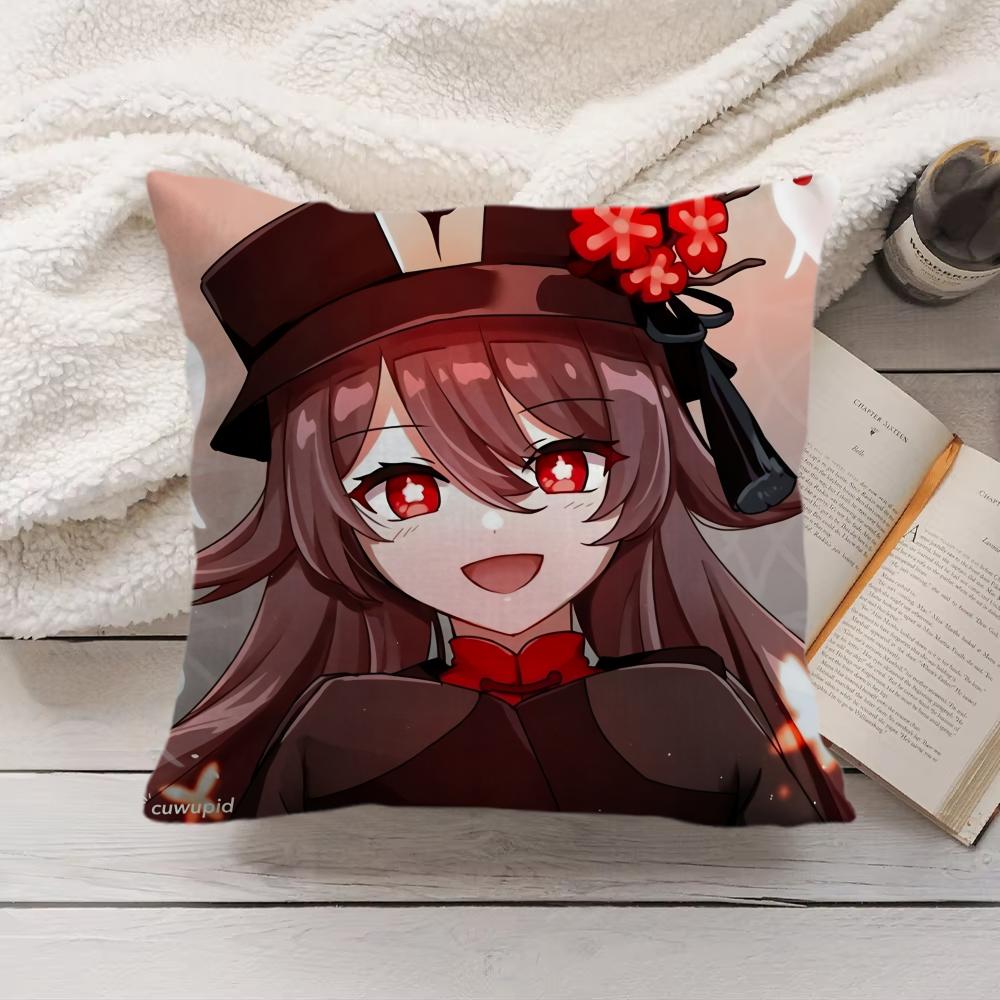 Cute Hu Tao Genshin Impact Cushion Cover Silky Short Plush Invisible Zipper Dustproof Sofa Pillow Case For Home Decor