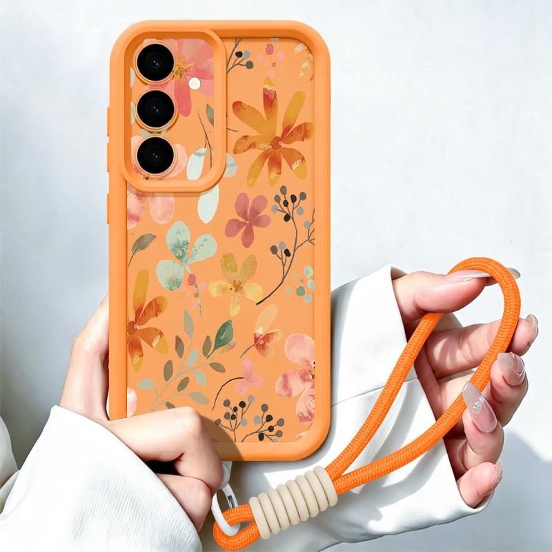 Luxury Flowers Print Lanyard Case For Samsung S26 FE A18 S25 S24 S23 S22 Ultra A54 A55 A16 A26 A36 A56 A17 A27 A37 A57 5G Bumper Cover