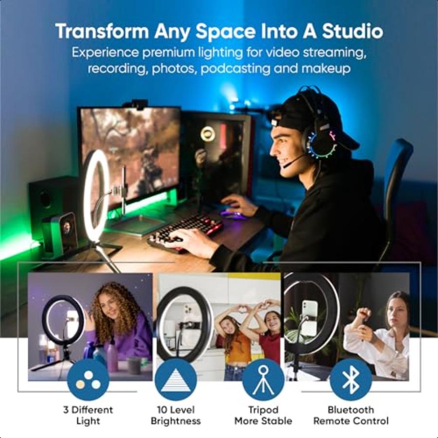 

Фотография 10-дюймовая кольцевая лампа с сумкой для переноски Включает гибкий держатель для телефона-клипсу для большинства штативов и пульт дистанционного управления для сотовых телефонов Униве United States