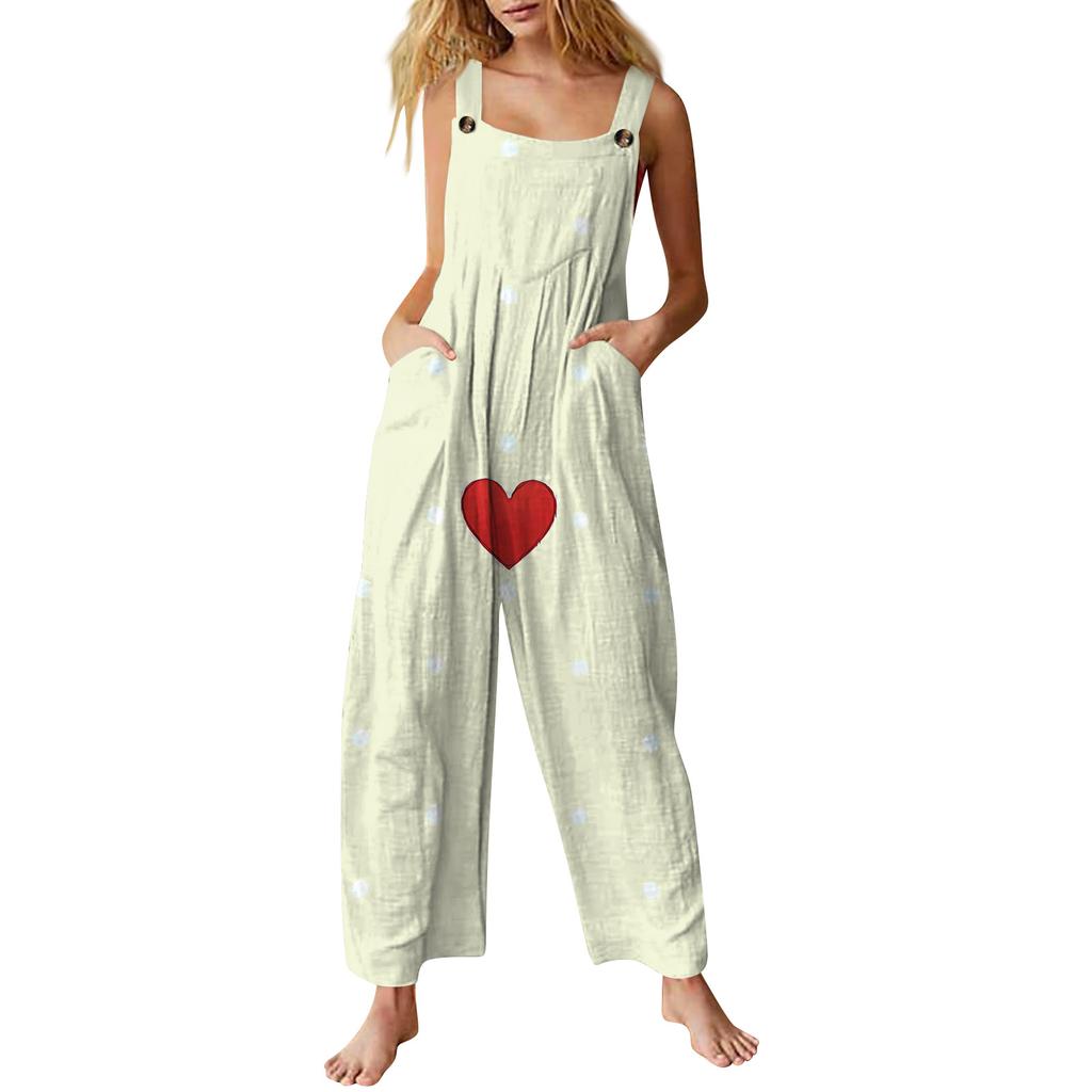 Women's Valentine's Day Printed Casual Loose Retro Cotton Linen Overalls With Pockets