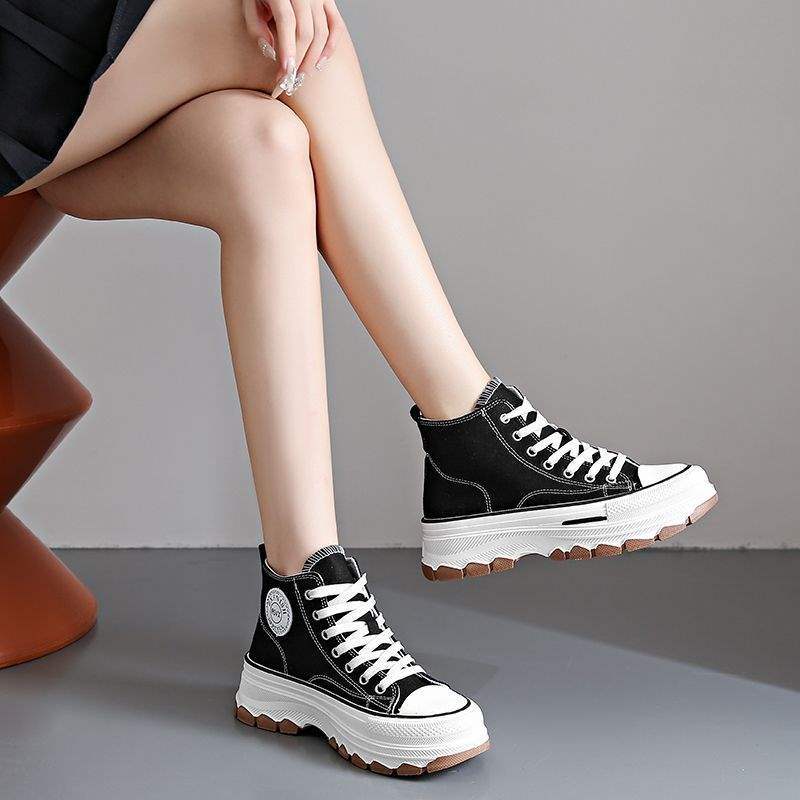 Thick-soled high-top canvas shoes women's Korean version of versatile spring and autumn new breathable non-slip mid-heel ins sports and leisure b