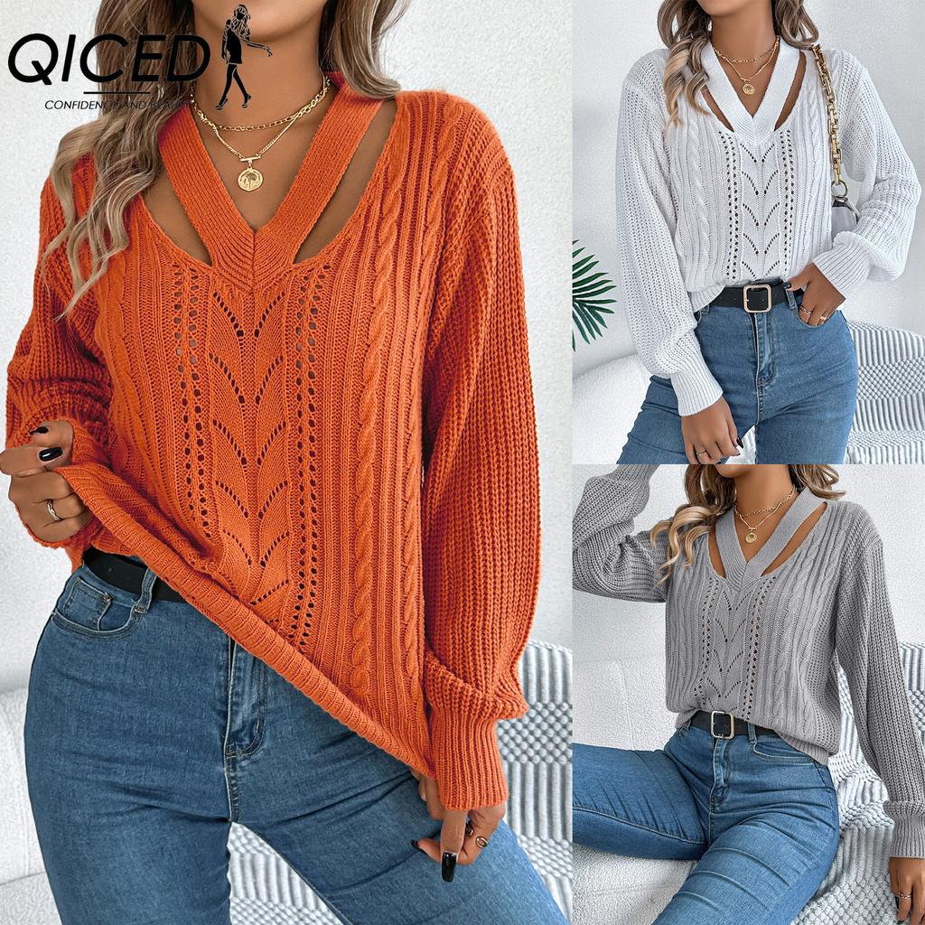 QICED Autumn and Winter Casual Hollow V-neck Twisted Lantern Sleeve Pullover Sweater for Women