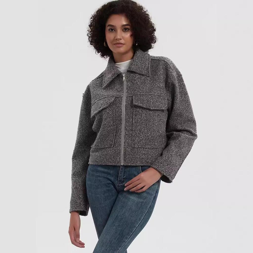 Women's European & American Style Grey Wool Coat with Turn-Down Collar, Large Pockets, for Autumn & Winter