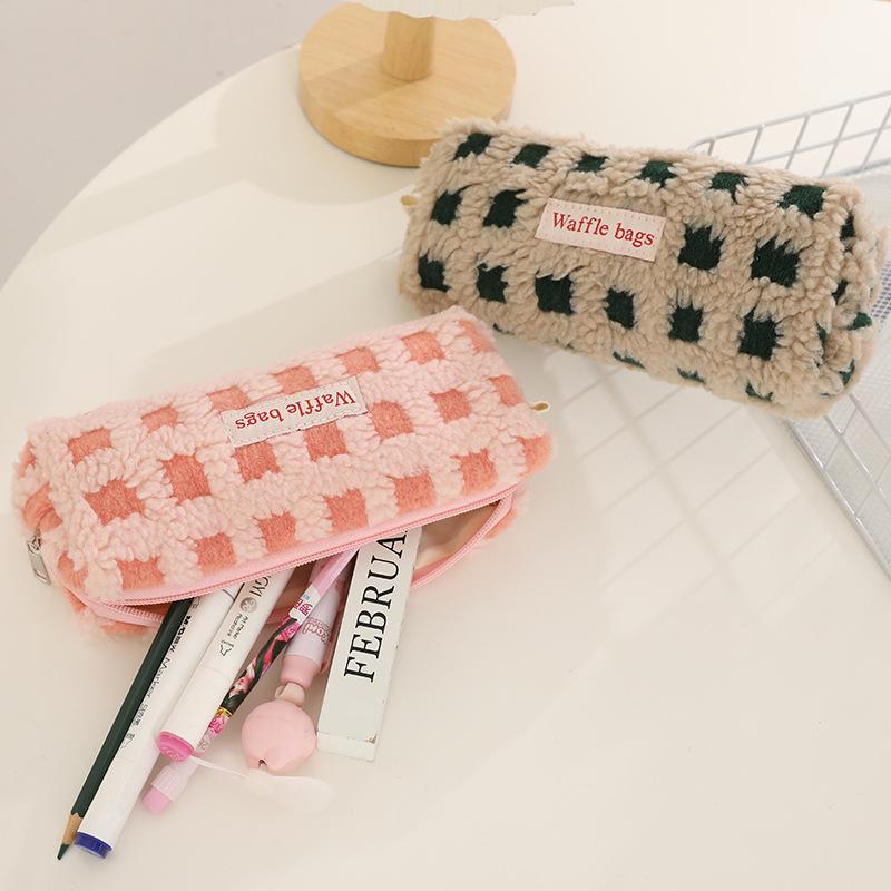 Waffle Lamb Plush Pen Bag Japanese INS Style Pencil Pouch Small Student Stationery Storage Bag School Supplies