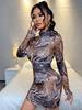 Streetwear Tropical Print Mini Bodycon Dress With Long Sleeves For Autumn 2024
